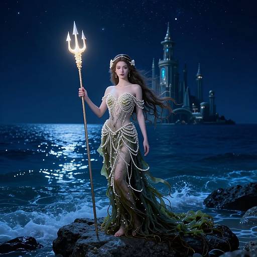 Fantasy illustration: Dark-haired mermaid with glowing trident, intricate sea-green and gold dress, standing on rocky shore under starry night sky,