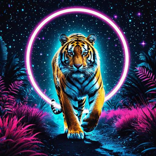 Synthwave Tiger with Neon Halo in Electro Jungle Synthwave Tiger with Neon Halo in Electro Jungle