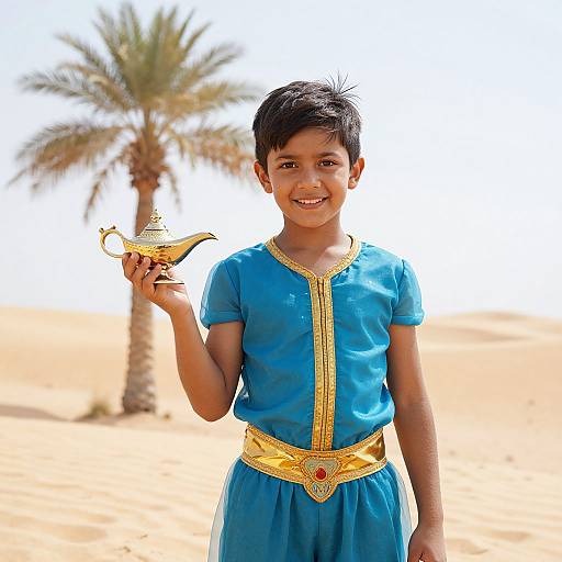Photograph of a smiling young boy with short black hair, wearing a blue Aladdin costume with gold trim, holding a golden genie lamp, against a