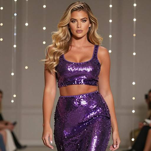 Woman in Purple Sequin Skirt Set with Wavy Blonde Hair