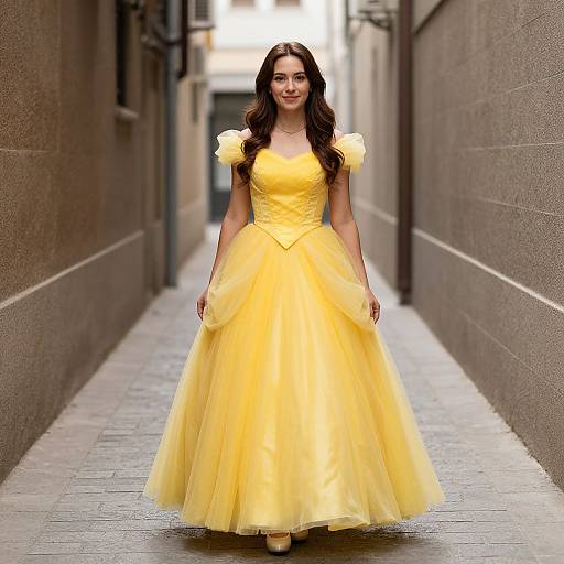 Photograph of a young woman with long brown hair in a bright yellow, full-skirted, strapless ball gown, walking down a narrow,