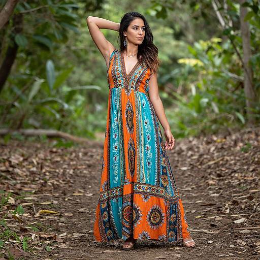 Photograph of a dark-haired woman in an orange and blue patterned sundress, standing on a forest path with lush greenery.