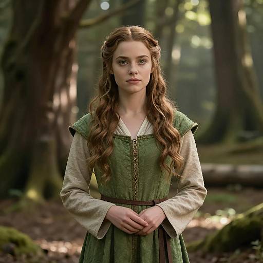 Young Woman in Medieval Green Dress in Forest