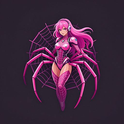 Digital anime-style illustration of a pink-haired woman with spider legs, wearing a spiderweb-patterned bodysuit and headphones, set against a black background