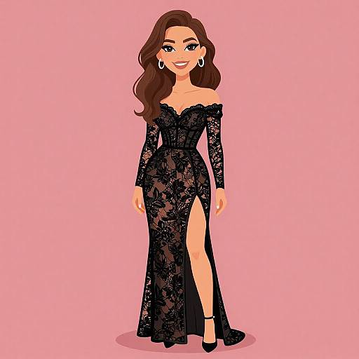 Digital illustration of a smiling woman with long brown hair in an off-shoulder, black lace gown with a high slit, wearing black heels and large