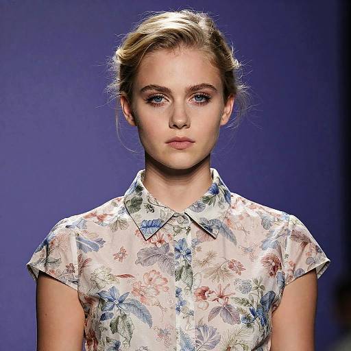 Portrait of Young Blonde Woman in Floral Blouse