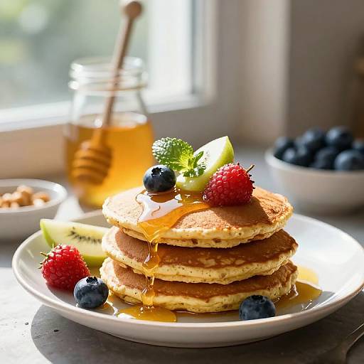 Photograph of a stacked pancake with honey, blueberries, raspberries, lime slice, and sprig of mint, beside a jar of honey