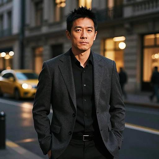 Photograph of an Asian man with short, spiked black hair, wearing a dark gray suit and black shirt, standing confidently on a city street at night