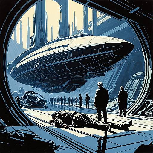 Futuristic Spaceport with Suspended Spaceship