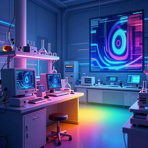 Photograph of a futuristic lab with neon-lit computer screens, colorful glow, scientific equipment, and large digital display on the wall.