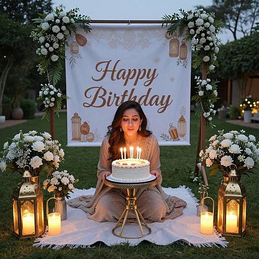 Photograph of a woman in a beige dress, seated on a white rug, lighting candles on a cake, 