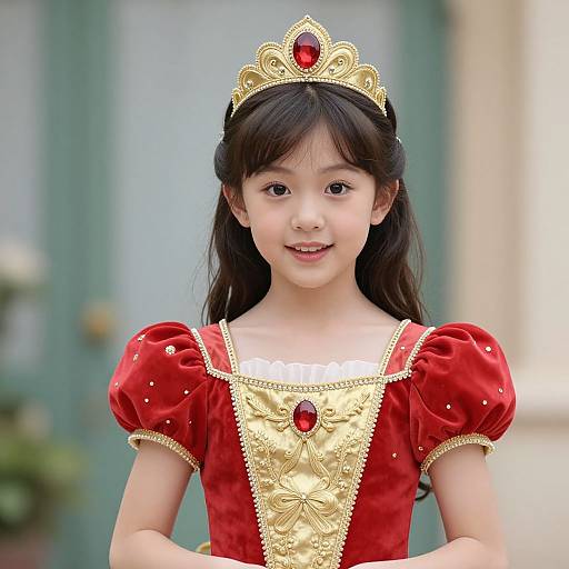 Photograph of an Asian girl with long black hair, wearing a gold tiara with a red gem, and a red velvet dress with gold embroidery and