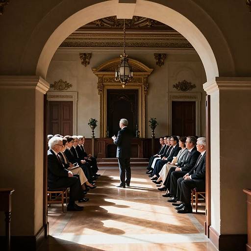 Photograph of a formal lecture in an ornate, sunlit room with an archway, featuring a bald man speaking to a seated audience in black