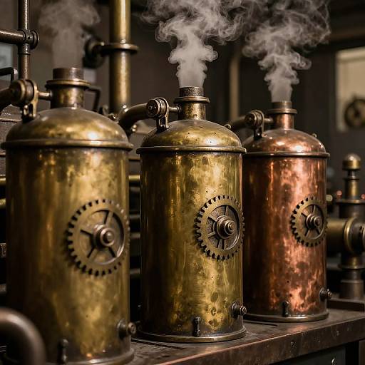 Photograph of three antique brass and copper steam kettles with black dials and steam rising, arranged in a row on a dark, industrial shelf