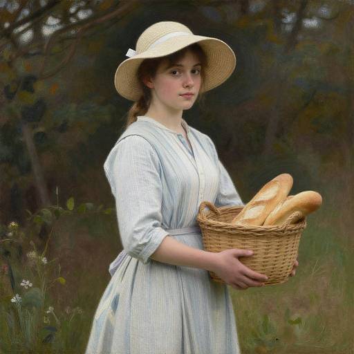 Photograph-style painting of a young woman with fair skin and brown hair, wearing a white sunhat and striped dress, holding a wicker basket of