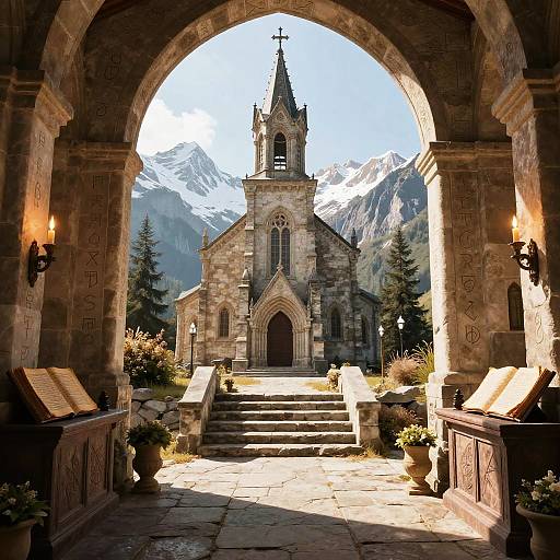 Photograph of a Gothic-style stone church framed by an arched stone doorway, with mountain peaks in the background, lit by sunlight. Potted plants