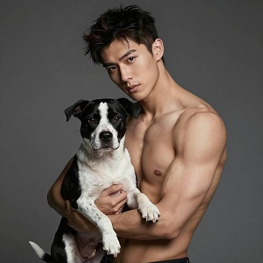 Muscular Man Posing with a Dog