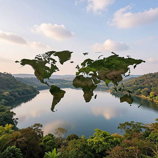 Photograph of a world map superimposed over a serene, reflective lake surrounded by lush, green forested hills under a partly cloudy sky.