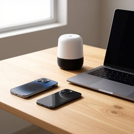 Photograph of a wooden desk with a black laptop, two black smartphones, and a white and black cylindrical speaker, lit by sunlight from a window.
