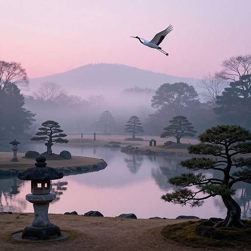 Photograph of a serene Japanese garden at dawn with a reflecting pond, stone lanterns, trees, misty mountains, and a flying crane.