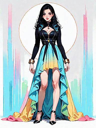 Stylish Woman in Gradient Dress with Golden Accents