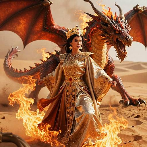 Digital art of a regal woman in golden, ornate robes with a crown, standing amid flames, with a fiery red dragon behind her in a