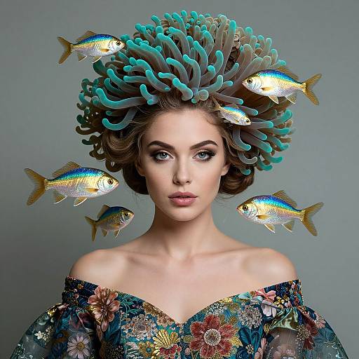 Photograph of a fair-skinned woman with teal, coral-like headdress featuring floating gold and blue fish, wearing an off-shoulder floral dress