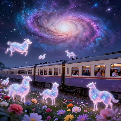 Photorealistic digital art: Glowing, ethereal white unicorns in a colorful flower garden under a vibrant, swirling galaxy sky, with a passing