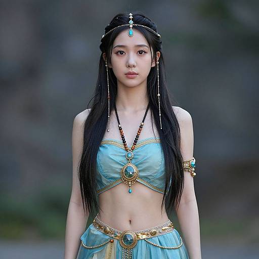 Photograph of an East Asian woman with long black hair, wearing a turquoise, gold-accented belly dancer outfit, adorned with jewelry, set against