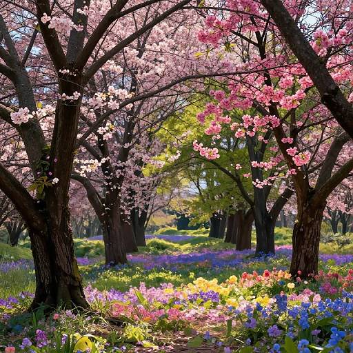 Photograph of a vibrant spring forest with pink cherry blossoms, colorful wildflowers, and sunlight filtering through tree branches.