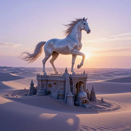 Digital artwork: A majestic white horse with flowing mane stands atop an ornate, temple-like structure in a vast, sunlit desert, casting long shadows