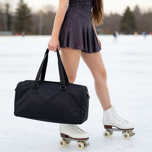 Photograph of a woman in a sparkly black skirt, white roller skates, and a black bag, skating outdoors on a snowy rink.