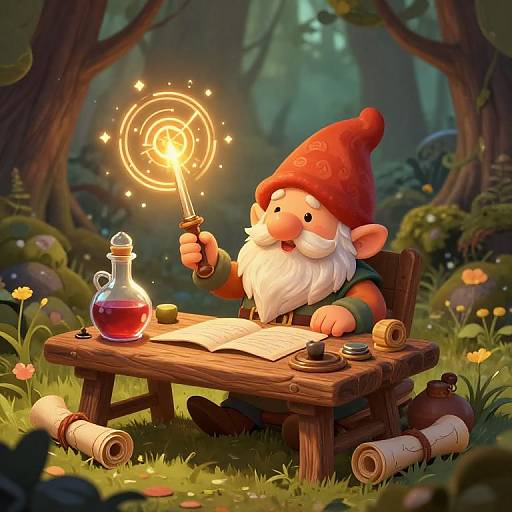 A whimsical gnome in a red hat writes at a wooden table, holding a glowing magic wand in a enchanted forest. Digital illustration.