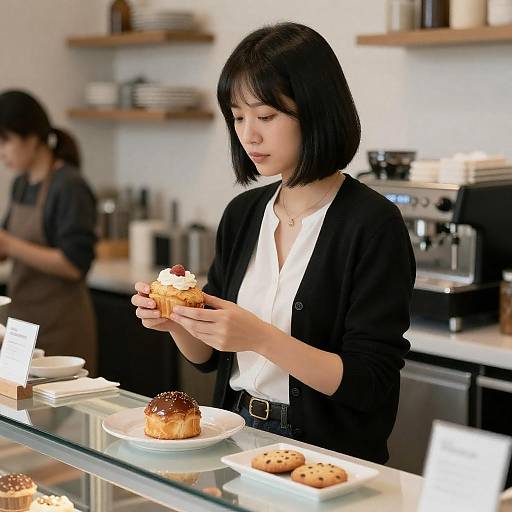 Focused Asian Woman at Café Counter