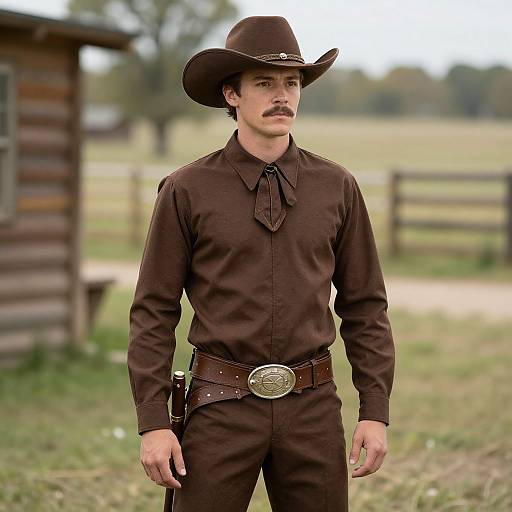 Photograph of a young white man with a mustache, wearing a dark brown cowboy hat, long-sleeve shirt, and pants with a belt