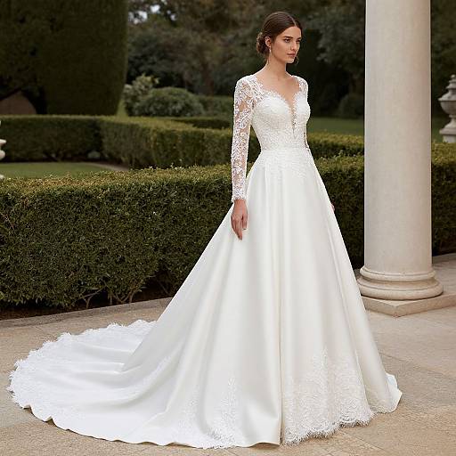 Photograph of a fair-skinned woman with brown hair in an elegant, white lace wedding gown with long sleeves, standing outdoors by a column and trimmed