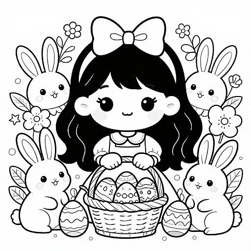 Black-and-white manga-style drawing of a cute girl with a large bow, surrounded by bunny friends, holding a basket of decorated eggs.
