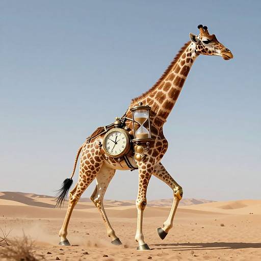 Photograph of a giraffe walking in a desert, wearing a clock and lantern strapped to its side, against a clear blue sky.