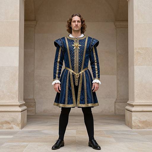 Photograph of a young man with long brown hair, wearing a dark blue, ornate Renaissance-style tunic with gold trim, black leggings, and