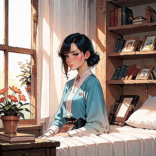 Sunlit Anime Half-Body by Window