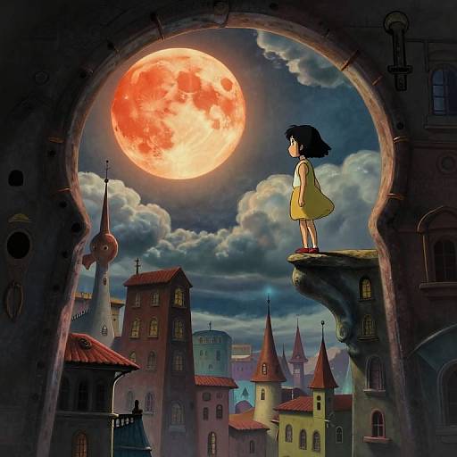 Anime-style digital artwork: A girl with black hair and yellow dress stands on a castle ledge, looking at a massive red moon through an arched window