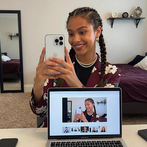 Young woman taking selfie with laptop displaying photo