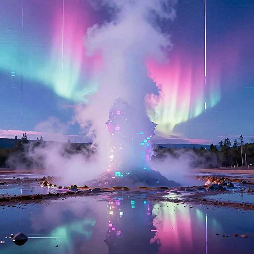 Photograph of a vivid, nighttime geothermal landscape with colorful neon-like lights, mist, and reflections in a still pool, surrounded by dark trees under