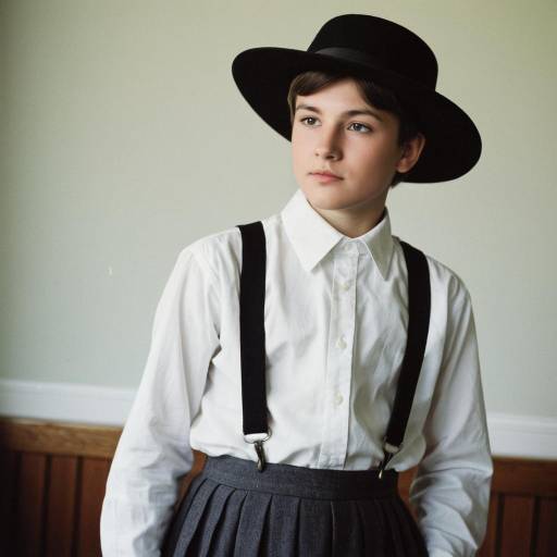 Amish Boy in Black Hat and Suspenders