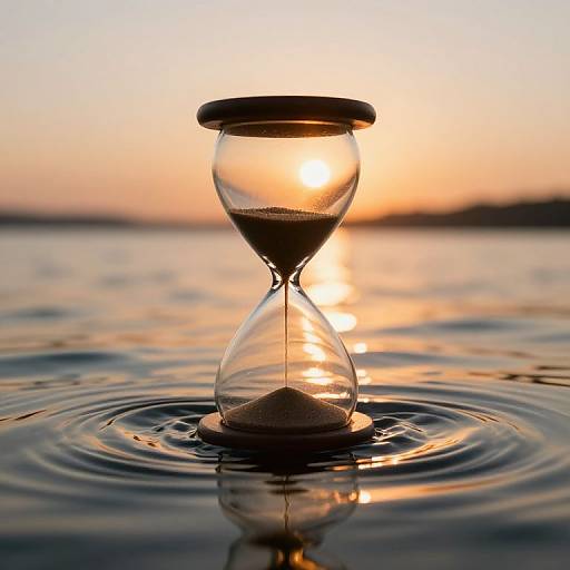 Photograph of an hourglass with a sand timer, floating in calm water at sunset, ripples around it, sun reflecting through glass.