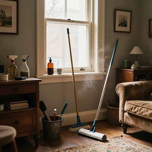 Photograph of a sunlit living room with a mop, broom, and vacuum leaning against a window, surrounded by wooden furniture and framed pictures.