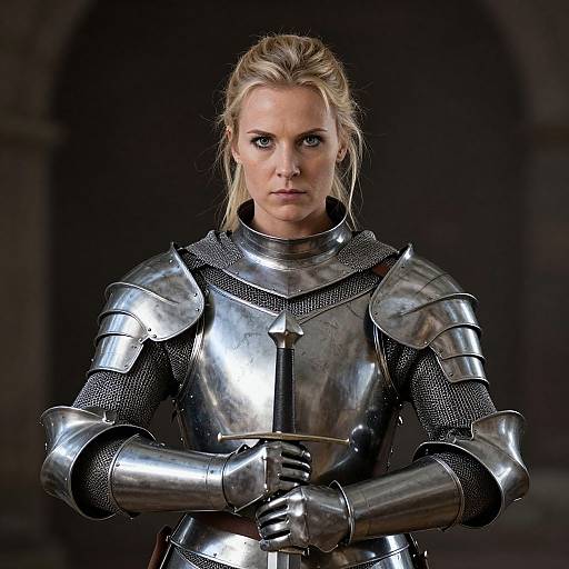 Photograph of a determined blonde woman in medieval-style silver armor, holding a sword hilt, set against a dark, stone arch background.