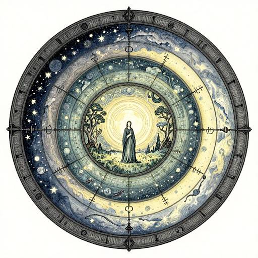 Digital art of a celestial circular mandala with a central figure in a flowing robe, surrounded by stars, planets, and zodiac symbols. Radiant