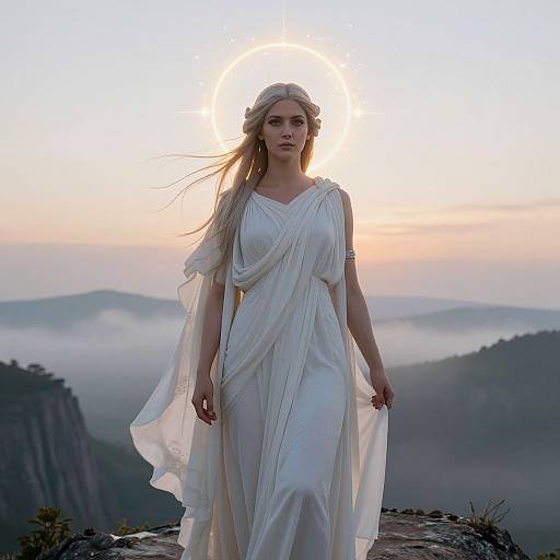 Photograph of a blonde woman in a flowing white Grecian-style dress, standing on a mountain peak at sunrise, halo effect around her head,