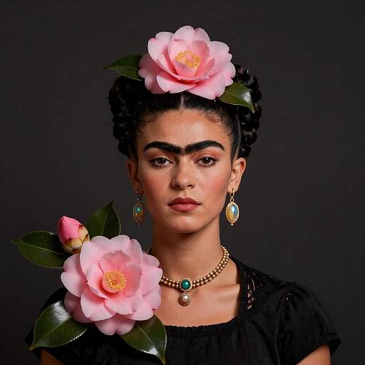 Portrait of Woman with Pink Camellia Flowers and Jewelry